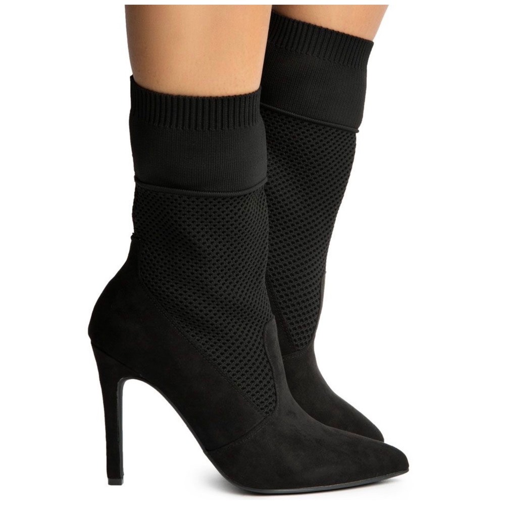 Anne‎ Michelle Black Sock Booties Mesh Knit Stiletto Pointed Toe Mid Calf Size 8